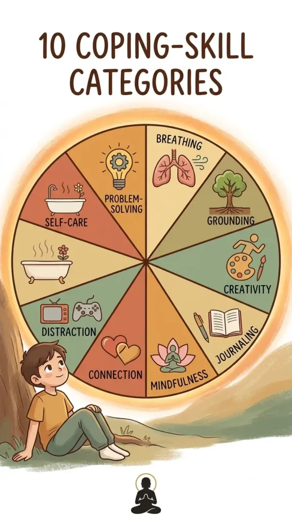 100 coping skills list organized by category.