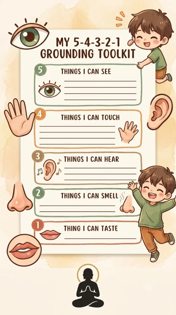 printable coping skills for kids 5-4-3-2-1 grounding worksheet.