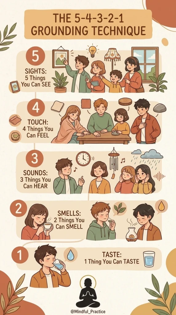group coping skills activity — 5-4-3-2-1 grounding exercise.