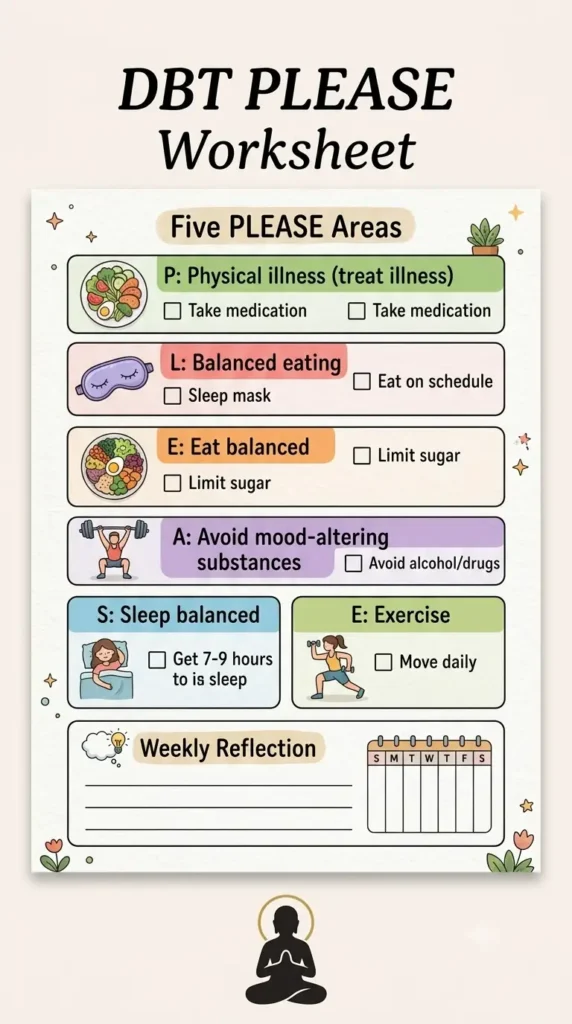 DBT PLEASE skill worksheet printable with daily and weekly check-in.