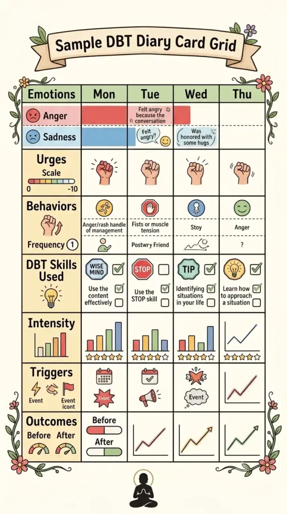 Sample DBT diary card for tracking emotions, urges, behaviors, and skills.