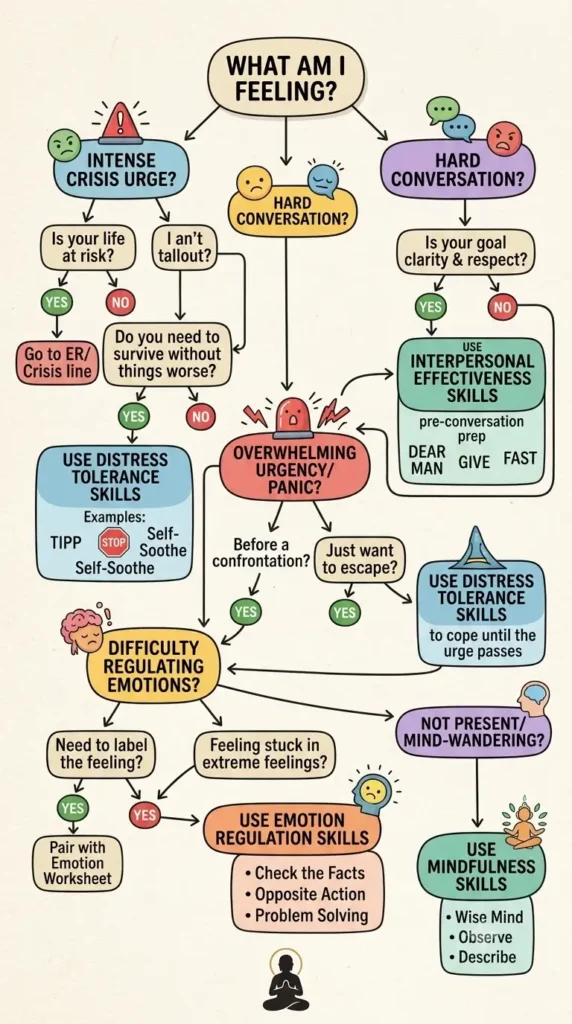 DBT skills flowchart for choosing a skill based on what you are feeling.