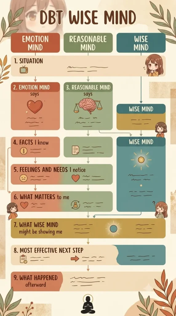 DBT Wise Mind worksheet template with Emotion Mind, Reasonable Mind, and Wise Mind columns.