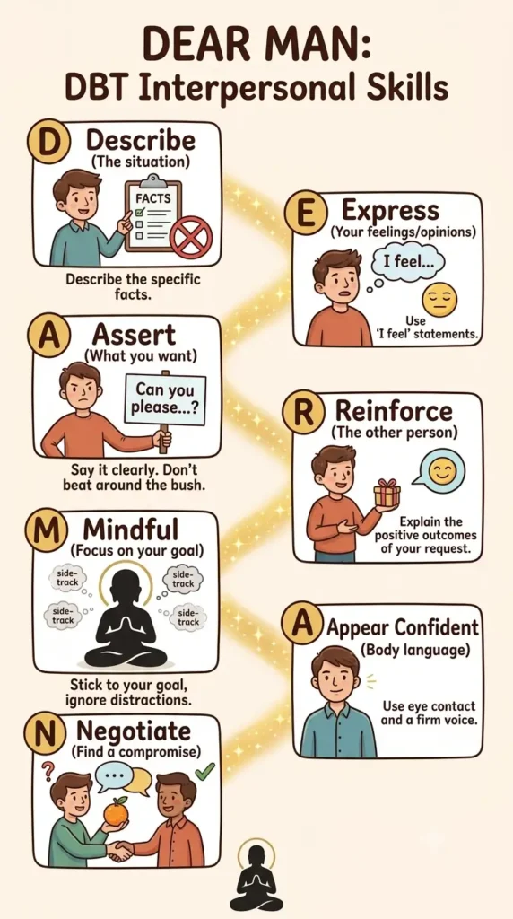 DBT DEAR MAN acronym worksheet for assertive communication.