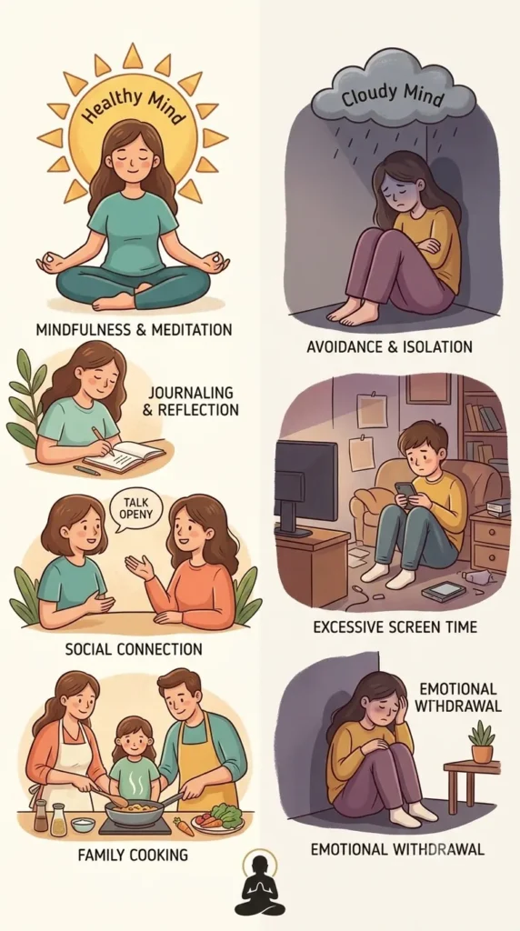 Positive vs. negative coping skills comparison with healthy and unhealthy coping strategies.