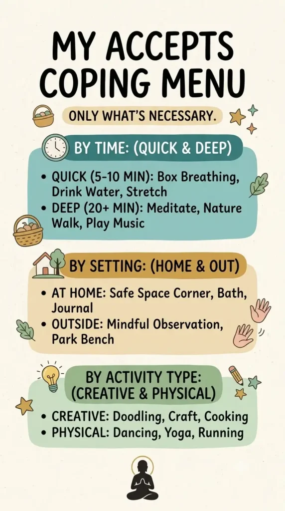 Personal ACCEPTS coping menu with practical activity ideas.