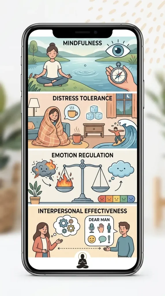 DBT skills phone wallpaper with quick reminders for coping and emotional regulation.