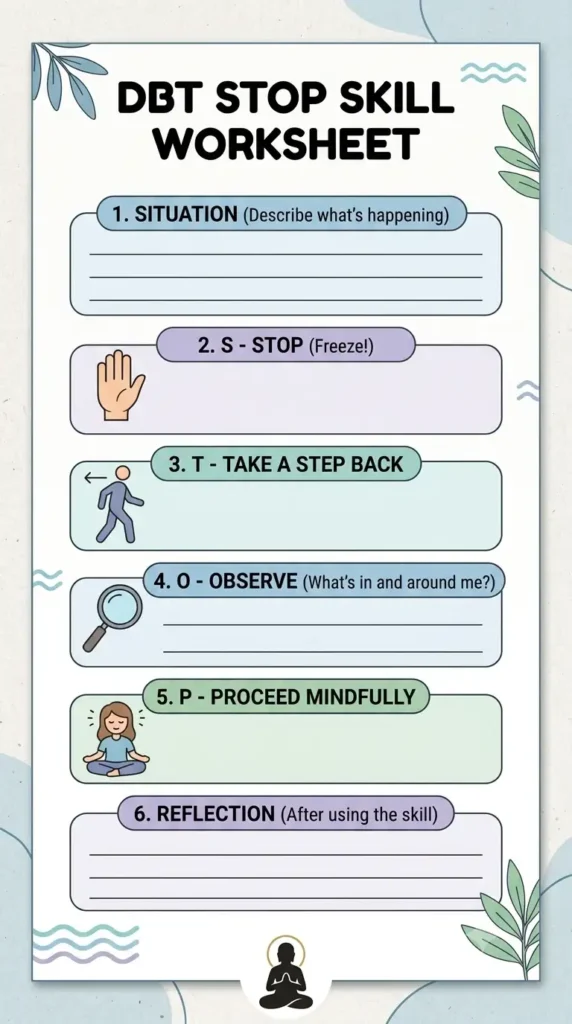 Printable DBT STOP skill worksheet PDF preview.