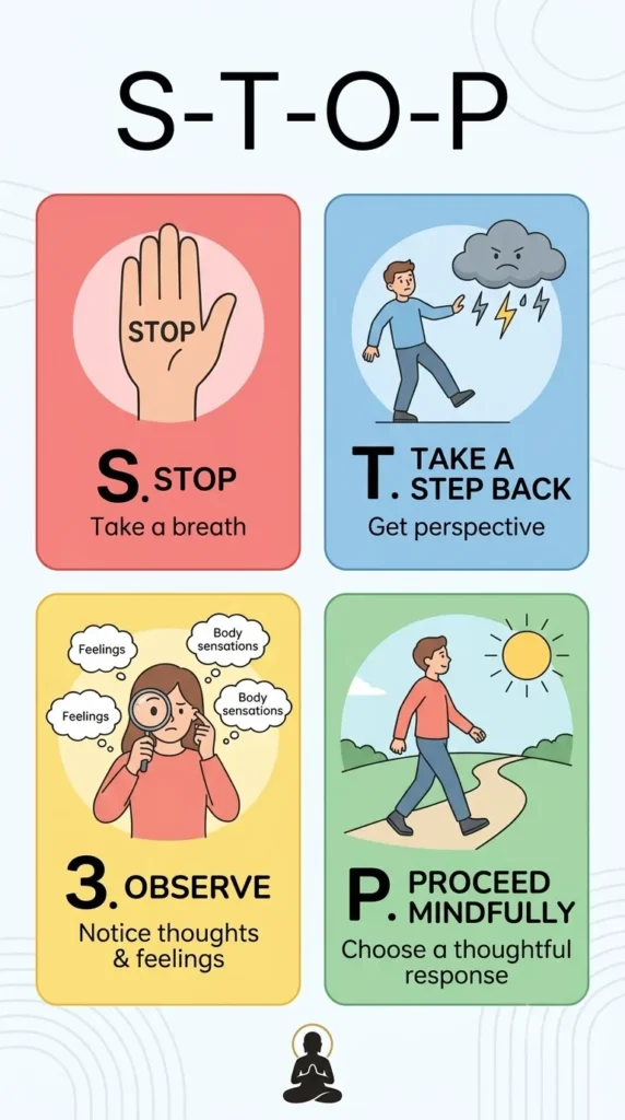 DBT STOP skill steps: Stop, Take a Step Back, Observe, Proceed Mindfully.