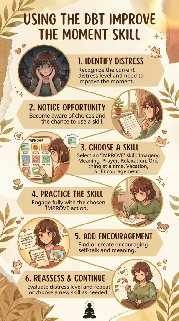 Six steps for using the DBT IMPROVE the Moment skill.