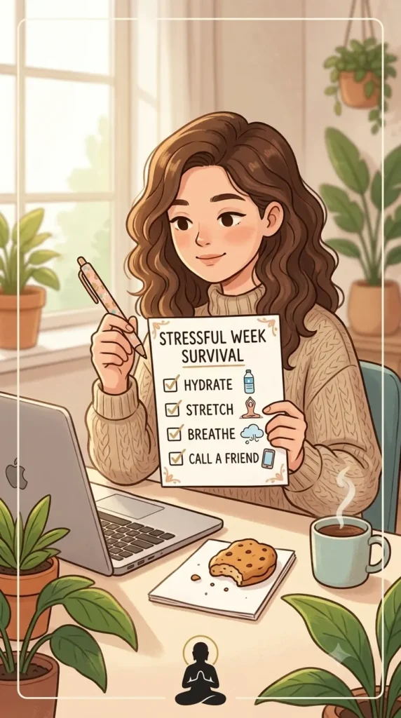 Young adult using a simple self-care checklist while managing a stressful week/