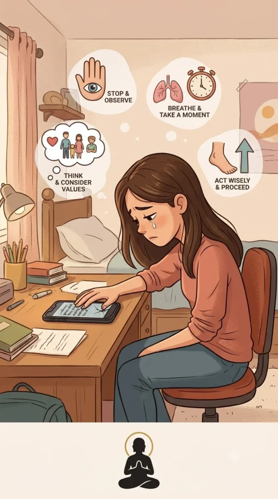 Teen pausing before replying with the DBT STOP skill.