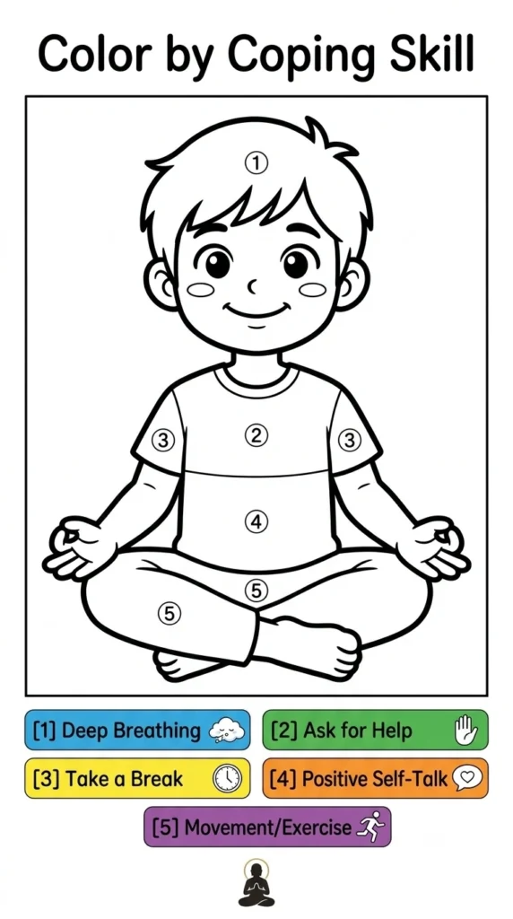 color by coping skills activity for kids with a coping strategy color key.