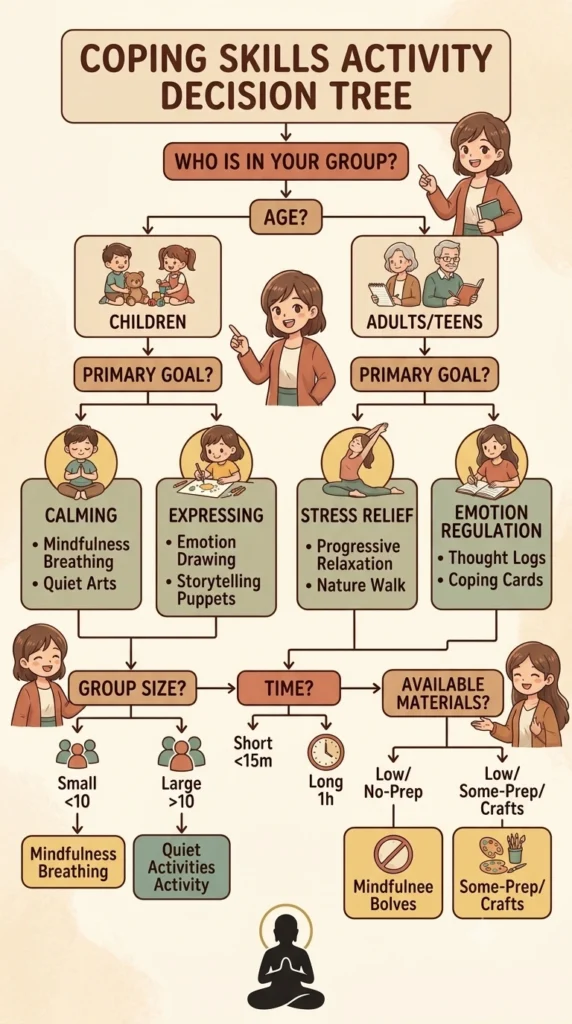 coping skills group activity decision flowchart for choosing group coping skills activities.