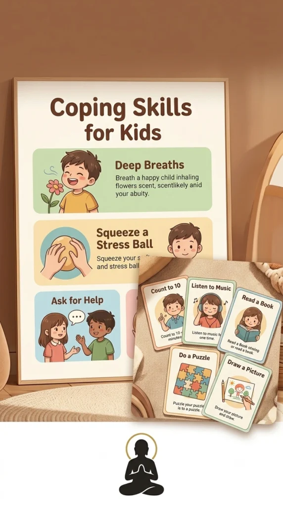 kids coping skills poster and coping skills cards for emotional regulation.