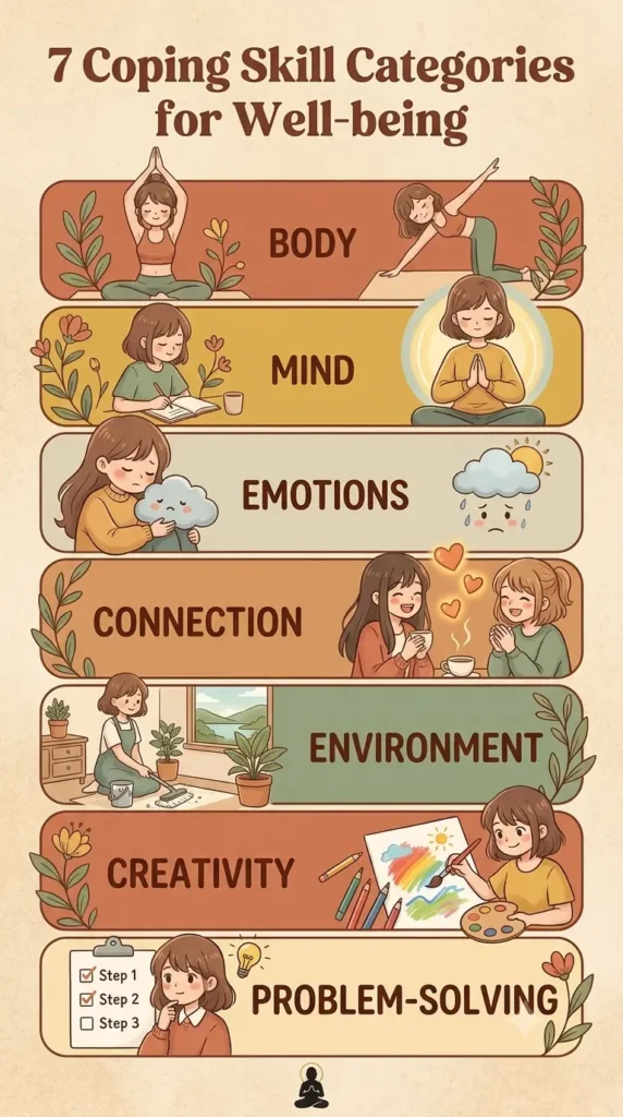 20+ coping skills ideas organized by body, mind, emotions, connection, environment, creativity, and problem-solving.