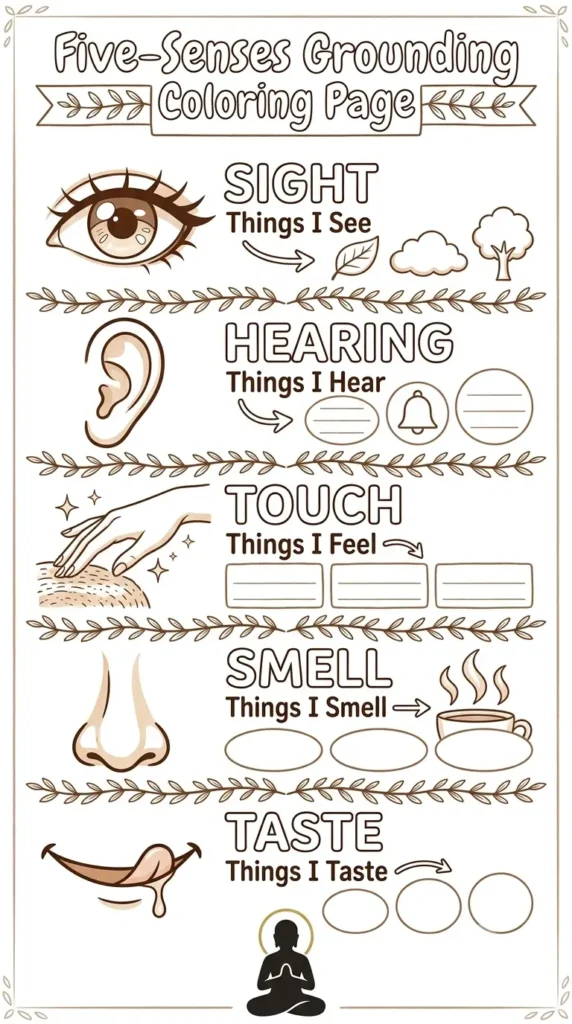 @Create image Prompt for Image Generator. Settings to use: Aspect Ratio: 9:16 (Vertical) Style: Pinterest friendly with warm and earthy tones, anime art style. Text Overlay: None Typography: Commonly used on Pinterest pins. Aspect ratio 9:16. Cartoonish image. <Create a Pinterest friendly coping skills coloring page printable titled "Five-Senses Grounding Coloring Page". The image has to be Five-senses grounding page with simple icons for sight, hearing, touch, smell, and taste.> Use this logo in the image and place it in the bottom.