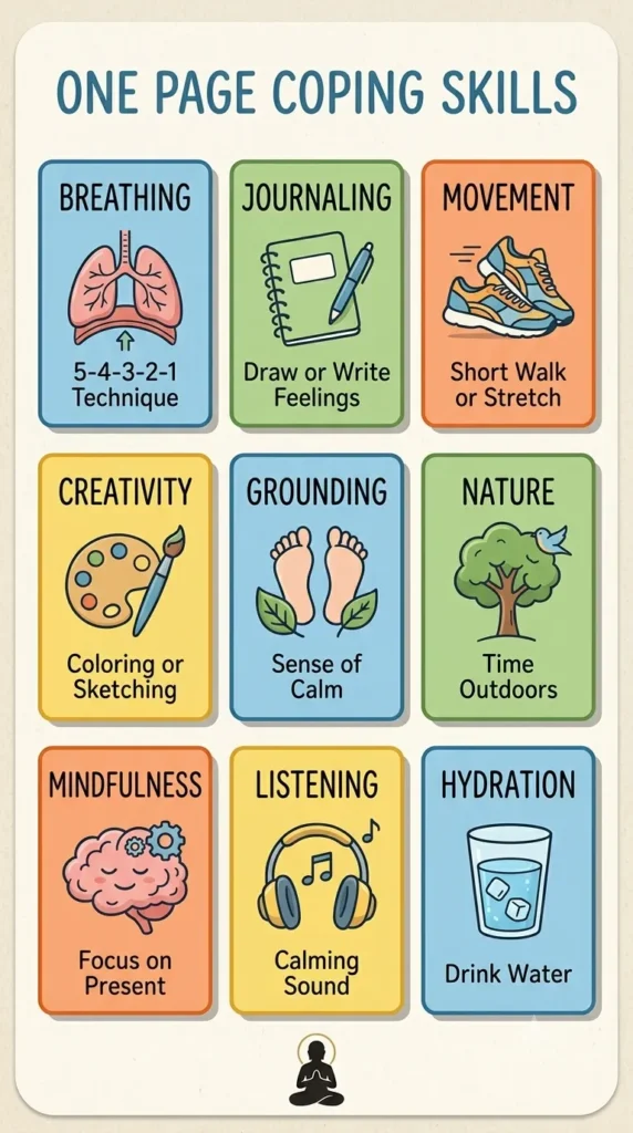 coping skills handout PDF printable with nine healthy coping skill categories.
