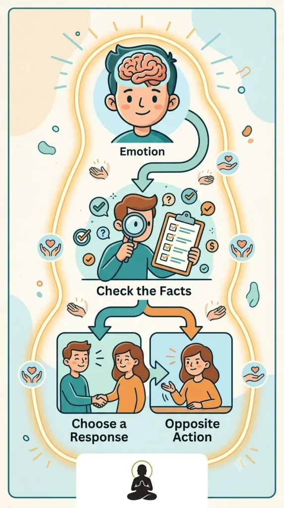 DBT emotion regulation process from emotion to checking the facts and choosing a response.