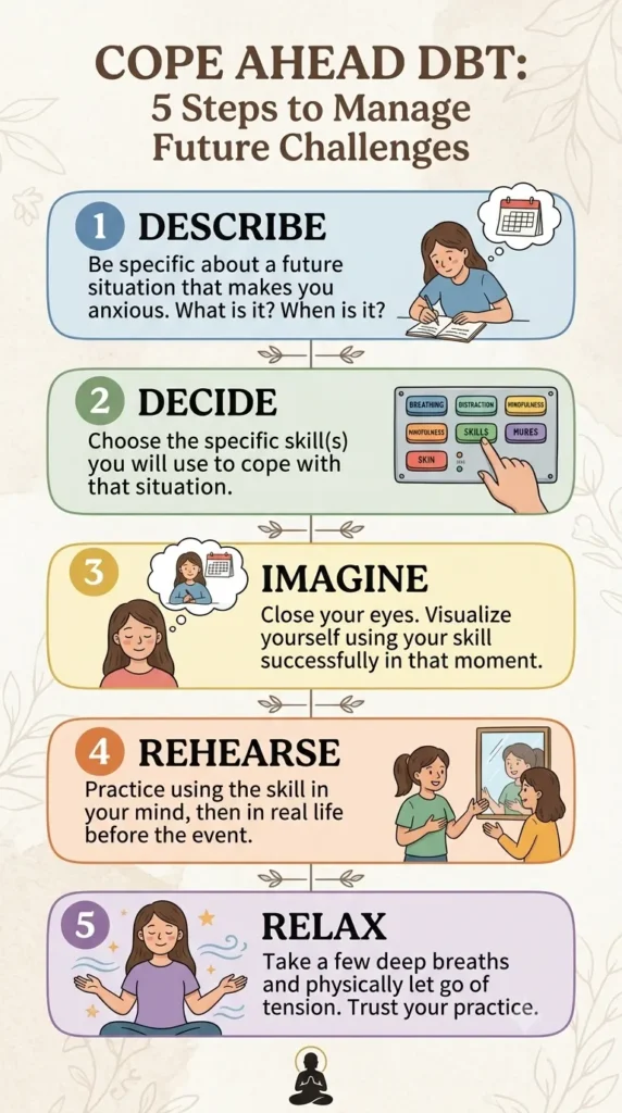  5-step Cope Ahead DBT infographic — Describe → Decide → Imagine → Rehearse → Relax.