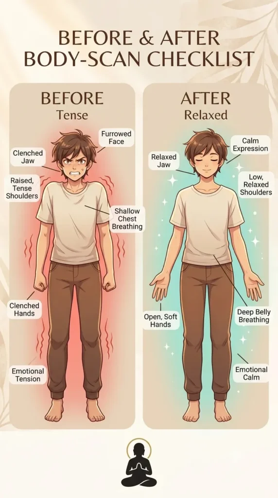 Before-and-after body-scan checklist showing jaw, shoulders, hands, face, breathing, and emotional tension.
