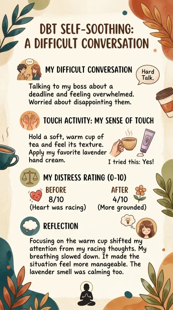 Completed DBT self soothing worksheet example with distress rating and reflection.