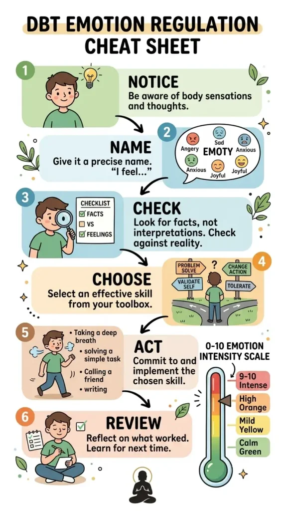 DBT emotion regulation skills cheat sheet showing six-step workflow from noticing an emotion to reviewing the response.