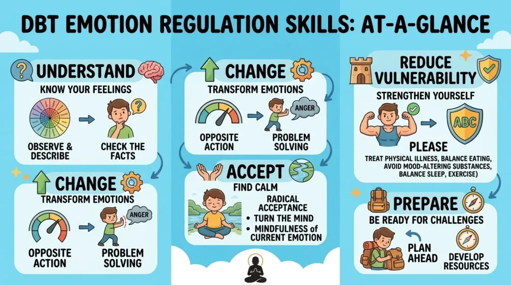 DBT emotion regulation skills at a glance grouped by purpose.