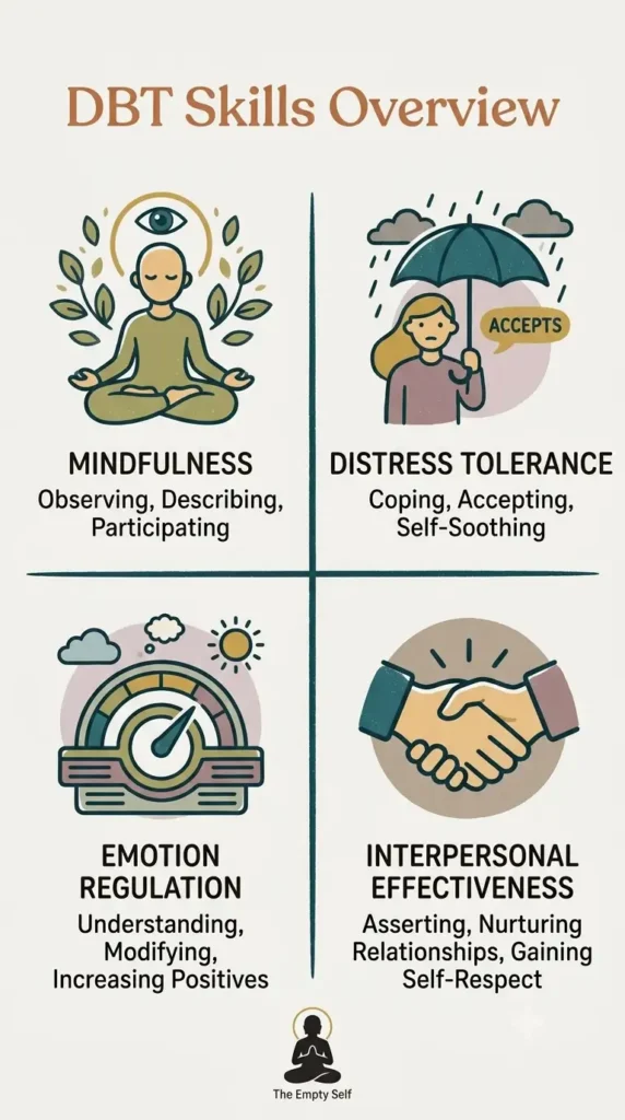 Four core DBT skills for anxiety: mindfulness, distress tolerance, emotion regulation, and interpersonal effectiveness.