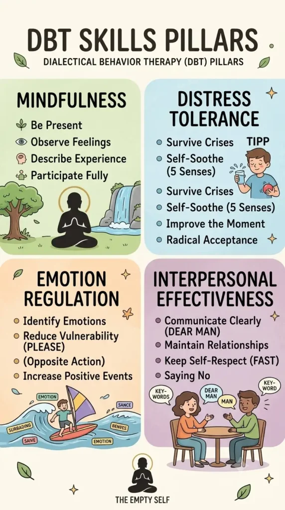 The four core DBT skills: mindfulness, distress tolerance, emotion regulation, and interpersonal effectiveness.