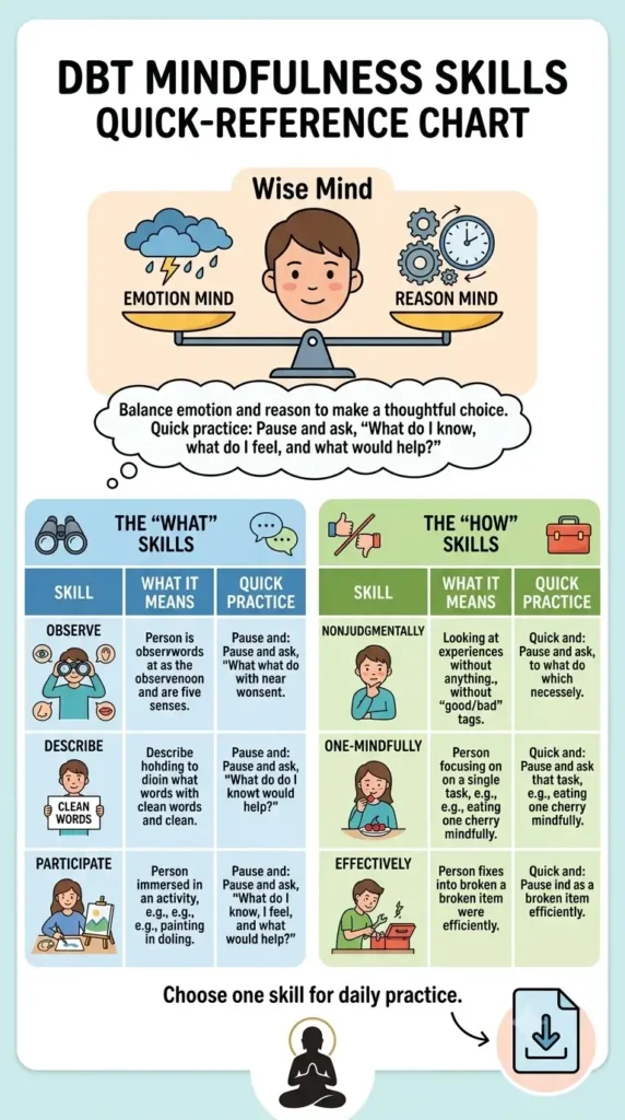 DBT mindfulness skills quick-reference chart.