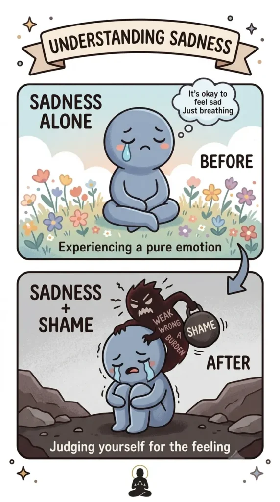 DBT self-validation diagram showing how acknowledging sadness can reduce secondary emotional judgment.