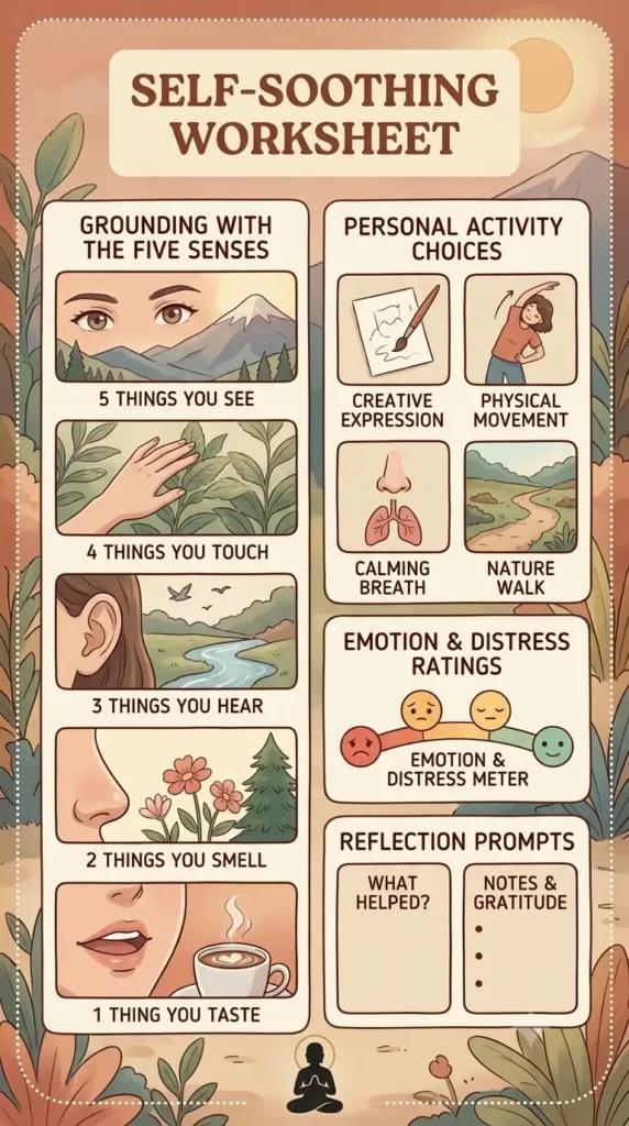 DBT self soothing worksheet PDF preview with five senses and distress rating sections.