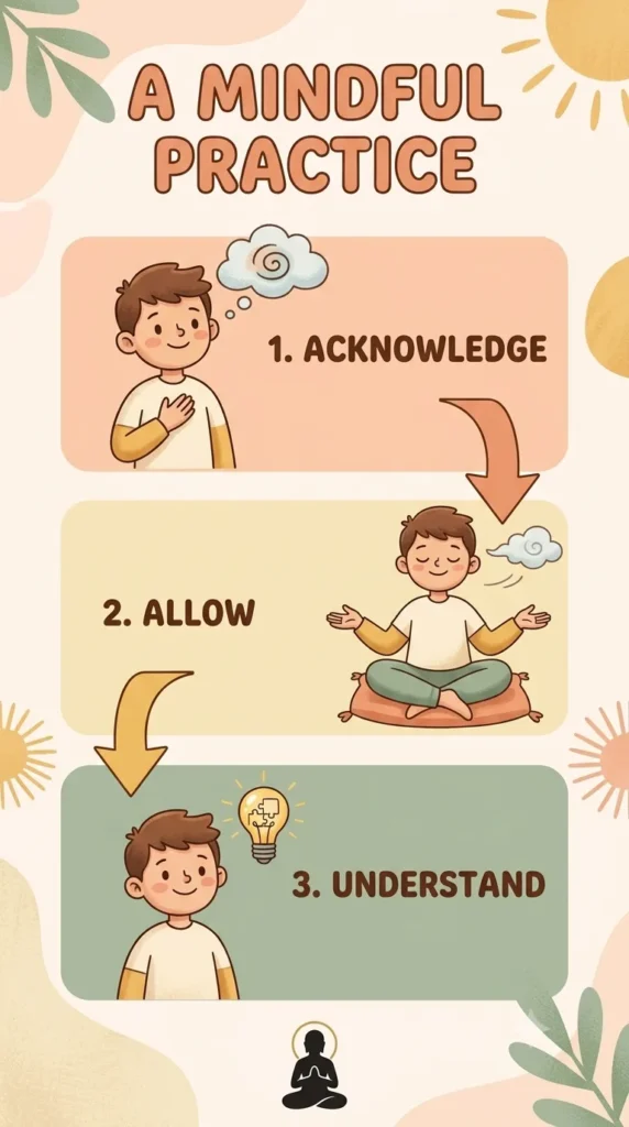 DBT self-validation three-step process for acknowledging, allowing, and understanding emotions.