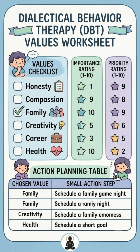 DBT values worksheet printable with values checklist and priority ratings.