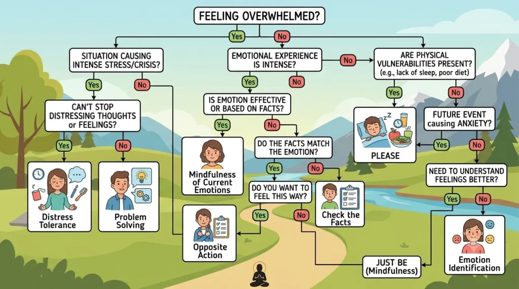 Emotion regulation chart showing which DBT skill to use in different situations.