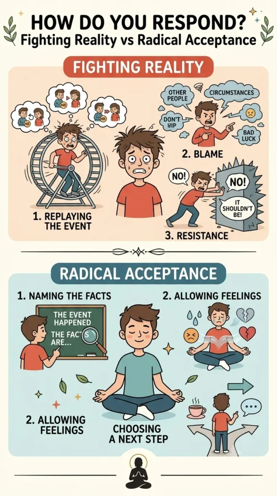 Fighting reality versus radical acceptance in DBT.
