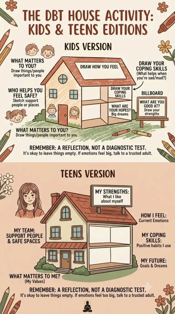 Child and teen versions of the DBT house worksheet.