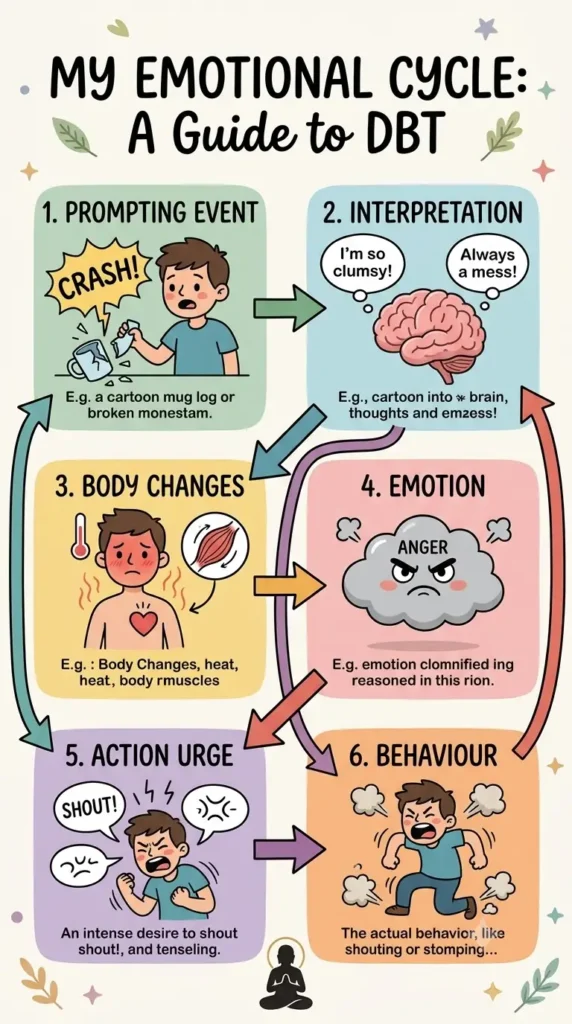 DBT model of emotions showing how events, interpretations, body sensations, feelings, and action urges can influence behaviour.