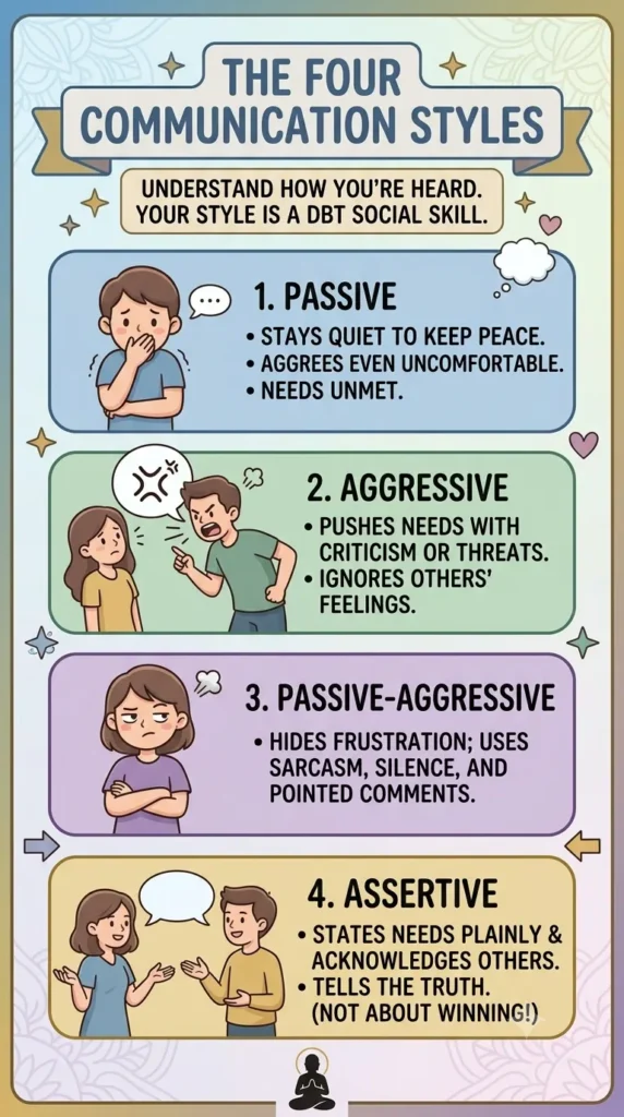 Passive, passive-aggressive, assertive, and aggressive communication styles spectrum graphic.
