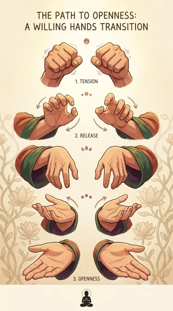 Willing Hands DBT posture diagram showing the five steps from clenched hands to relaxed open palms.