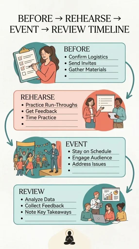 Timeline showing preparing and rehearsing before a stressful event.